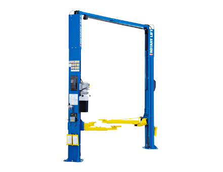 Blue service lift with yellow items sticking out that would hold the car up